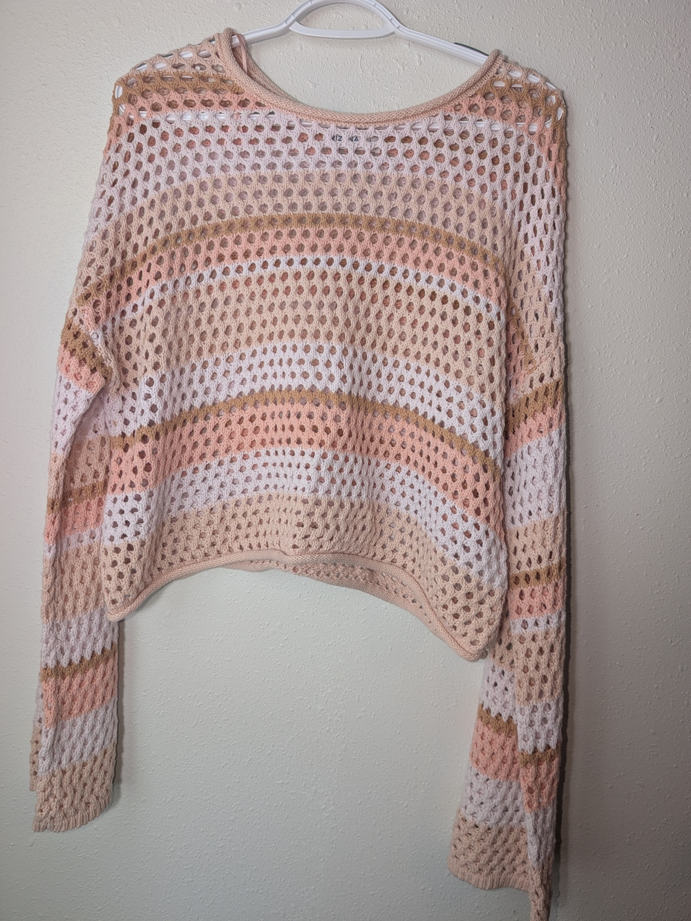 Arizona Jean Company Open-Knit Striped Sweater in Peach, White & Tan